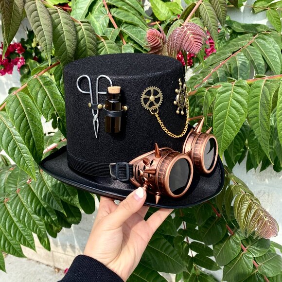 Steampunk Top Hat Metallic Scientist Time Traveler Halloween Costume Cosplay Hat - Picture 2 of 5